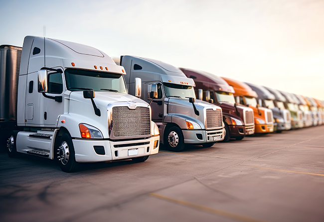 Row of parked semi trucks