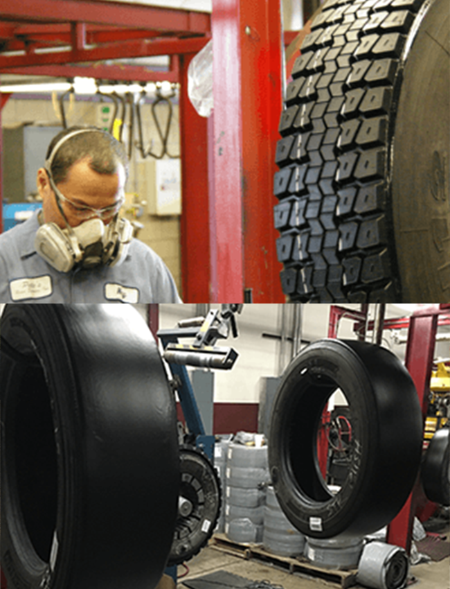 Worker retreading tires in shop
