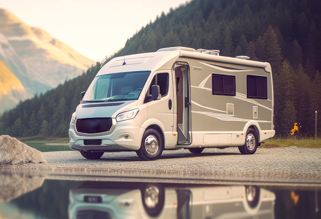 RV parked by mountain lake
