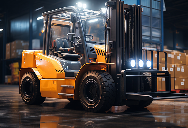 Yellow forklift in warehouse aisle